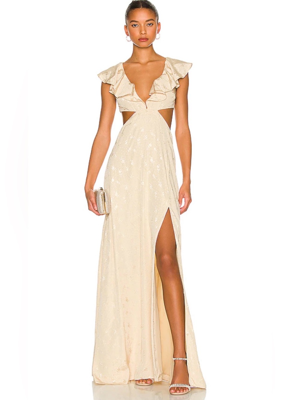 Tularosa Collette Gown - Cream Ruffle Maxi Dress with Waist and Tie-Back Details